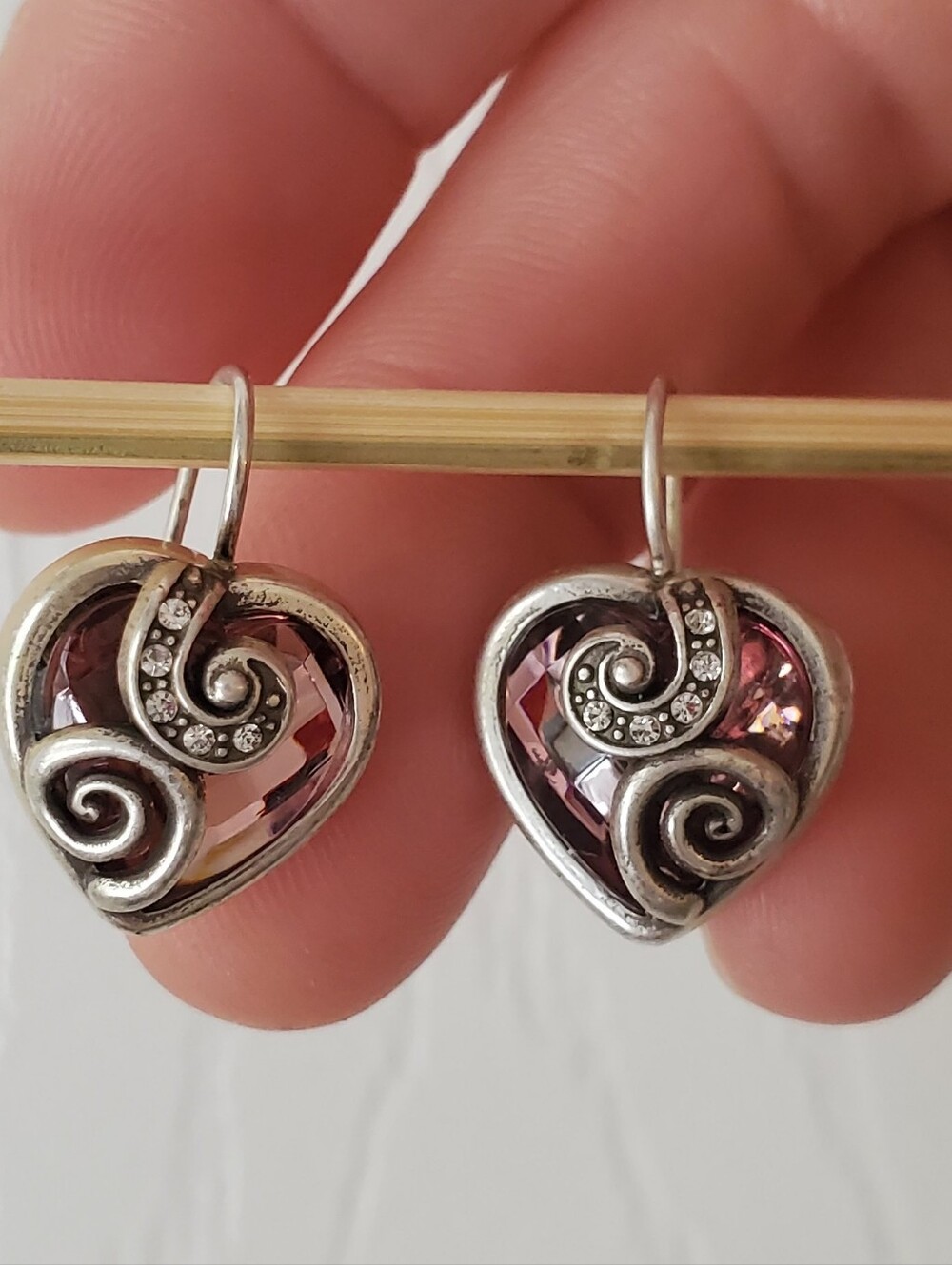 Brighton Pink Crystal Heart Drop Earrings with Silver Swirl Accents